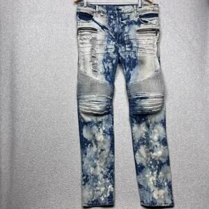 Robin's Jean Mens Biker Slim Jeans 38 Acid Wash Distress Moto Blue /Gray Grunge